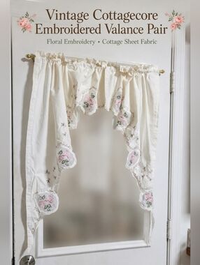 Vintage Cottage Chic Embroidered Valance Pair Romantic Floral Curtain 2 Panels